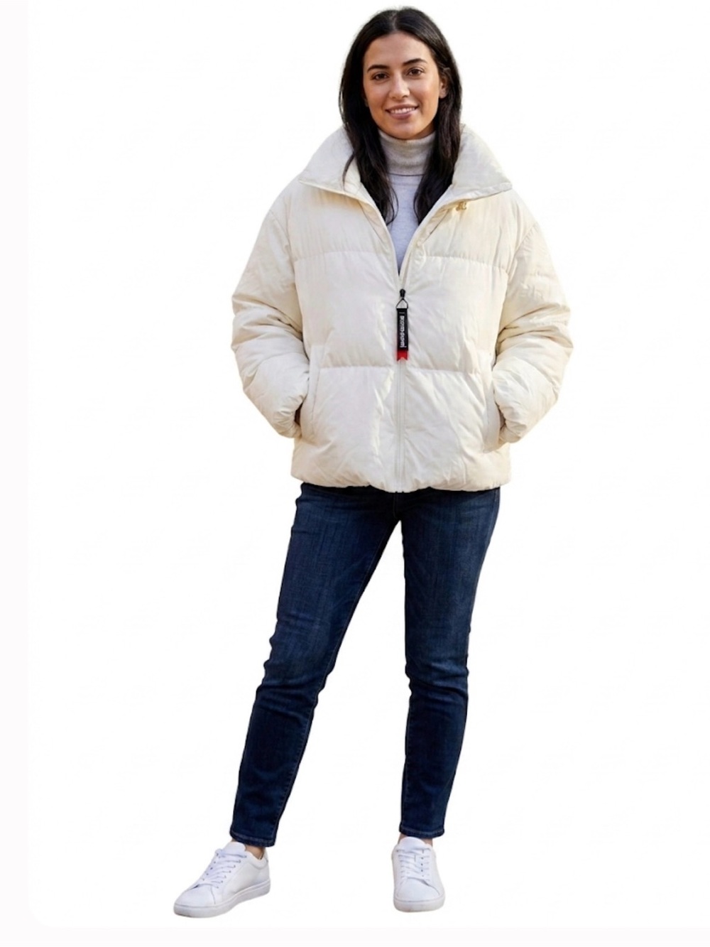Oversized White Goose Down Puffer Jacket Cream Hooded Winter Coat Sz S 160/84A